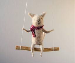 Cat On Swing , Gray Needle Felted Cat, Nursery Decoration, Baby Crib Mobile, Toy, Mobile - thumbnail 1