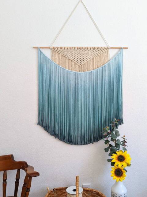 Handmade Macrame Wall Hanging in Ombre Teal Color, Bohemian Home Decor, Handwoven & Dip-Dyed Tapestry, Chic Natural Cotton Art Piece - image 1