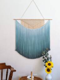 Handmade Macrame Wall Hanging in Ombre Teal Color, Bohemian Home Decor, Handwoven & Dip-Dyed Tapestry, Chic Natural Cotton Art Piece - thumbnail 1