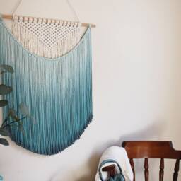 Handmade Macrame Wall Hanging in Ombre Teal Color, Bohemian Home Decor, Handwoven & Dip-Dyed Tapestry, Chic Natural Cotton Art Piece - thumbnail 2