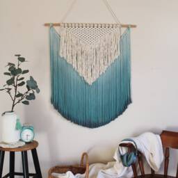 Handmade Macrame Wall Hanging in Ombre Teal Color, Bohemian Home Decor, Handwoven & Dip-Dyed Tapestry, Chic Natural Cotton Art Piece - thumbnail 3
