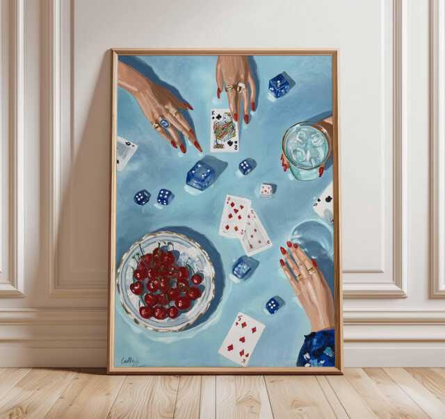 Card Game Art Print, Blue Tabletop Aesthetic Poster, Dice & Cherries Still Life, Maximalist Living Room Decor, Unique Gift - image 1