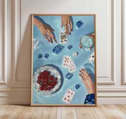 Card Game Art Print, Blue Tabletop Aesthetic Poster, Dice & Cherries Still Life, Maximalist Living Room Decor, Unique Gift - thumbnail 1