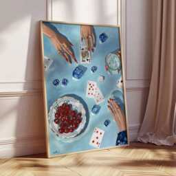Card Game Art Print, Blue Tabletop Aesthetic Poster, Dice & Cherries Still Life, Maximalist Living Room Decor, Unique Gift - thumbnail 2
