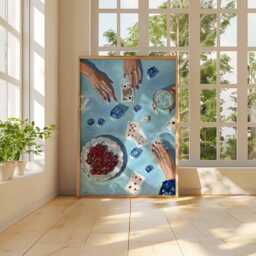 Card Game Art Print, Blue Tabletop Aesthetic Poster, Dice & Cherries Still Life, Maximalist Living Room Decor, Unique Gift - thumbnail 3