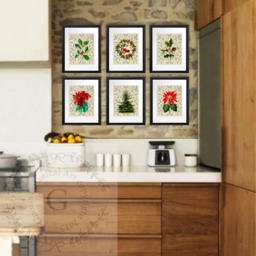 Christmas Decor Art Prints Set Of 6 Unframed Wall Art, Holly Branch Poinsettia Tree Santa - thumbnail 2