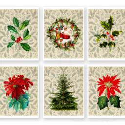 Christmas Decor Art Prints Set Of 6 Unframed Wall Art, Holly Branch Poinsettia Tree Santa - thumbnail 3