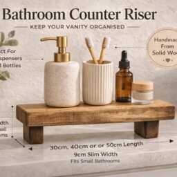 Wooden Bathroom Shelf Riser 9cm Width- Vanity Counter Organiser - Rustic Soap & Bottle Stand Small Display - thumbnail 3