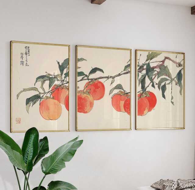 Persimmon Posters Set Of 3, Japanese Botanical Art Prints Wall Decor - image 1
