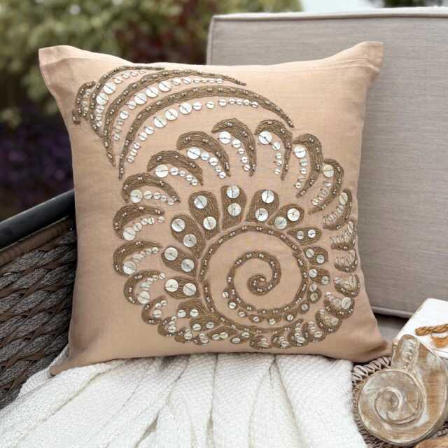 Beige Cotton Linen Beaded Sea Creature Pattern, Beach Style Throw Pillow Cover - Shell Burst - image 1