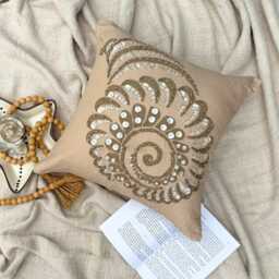 Beige Cotton Linen Beaded Sea Creature Pattern, Beach Style Throw Pillow Cover - Shell Burst - thumbnail 2