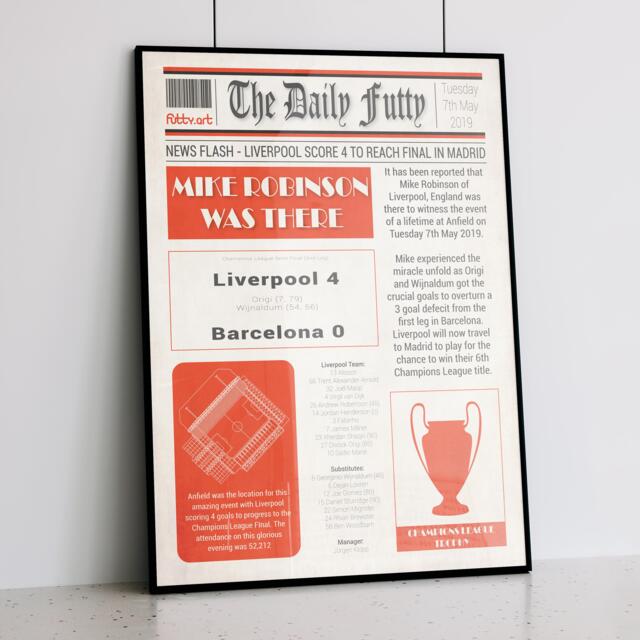Liverpool 4-0 Barcelona Newspaper Print Personalized Football Gift - image 1