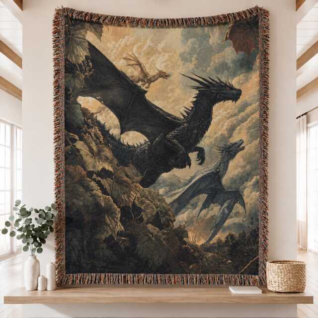 Tairn, Sgaeyl, & Andarna Woven Blanket, Fourth Wing Iron Flame Onyx Storm Riorson House Bookish Throw - image 1