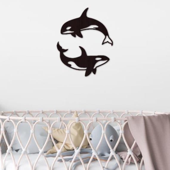 Wooden Whale Wall Art Set - Bedroom Decor Orca Under The Sea Themed Kids Room Nursery Decal - image 1