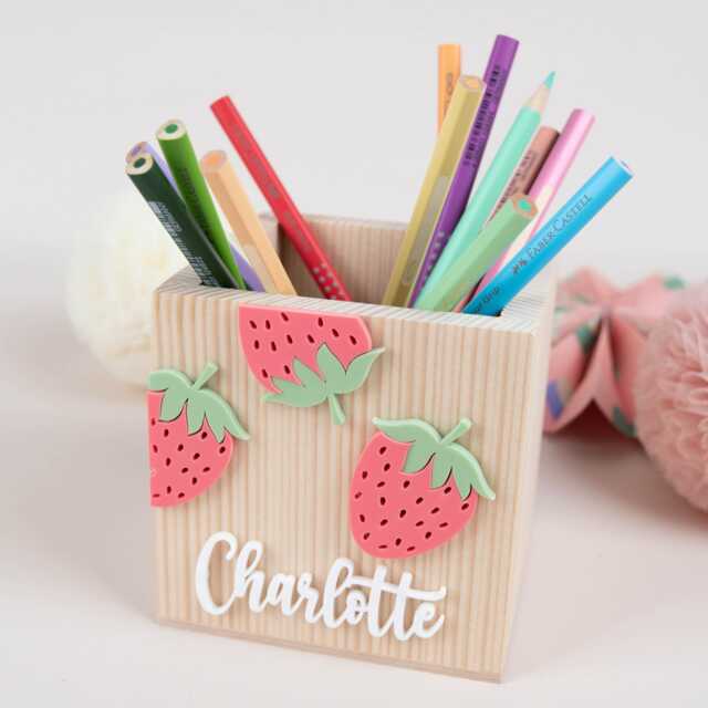 Personalized Wooden Pencil Holder, Strawberry Cup, School Enrollment Gift, Child Cone Farewell Gift - image 1
