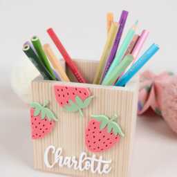 Personalized Wooden Pencil Holder, Strawberry Cup, School Enrollment Gift, Child Cone Farewell Gift - thumbnail 2