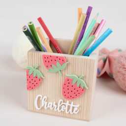 Personalized Wooden Pencil Holder, Strawberry Cup, School Enrollment Gift, Child Cone Farewell Gift