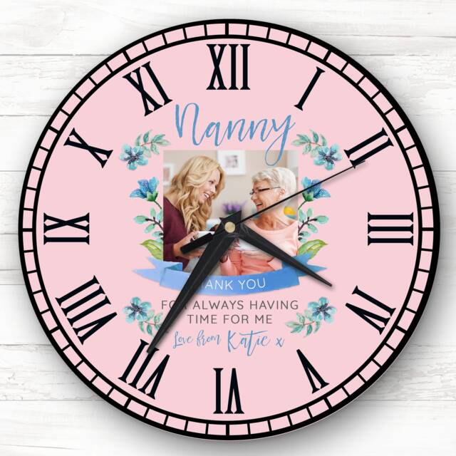Nanny Photo Flowers Pink & Blue Banner Personalised Gift Clock - image 1