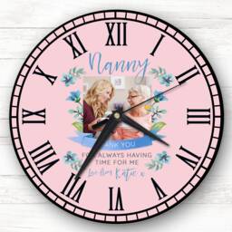 Nanny Photo Flowers Pink & Blue Banner Personalised Gift Clock - thumbnail 1