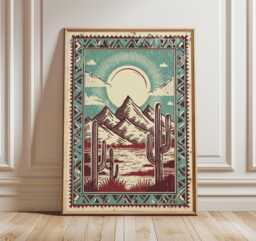 Desert Landscape Print, Retro Western Wall Art, Vintage Mountain Poster, Mid Century Boho Decor, Sunset Cactus Art - thumbnail 1