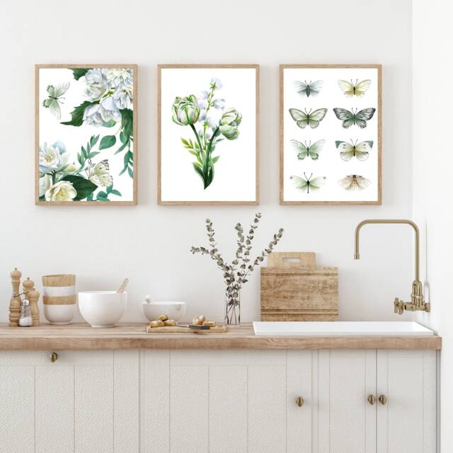 Flower, Butterfly, Green Wall Art, Botanical Prints, Set Of 3 Art , Boho Leaf Prints - image 1