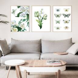 Flower, Butterfly, Green Wall Art, Botanical Prints, Set Of 3 Art , Boho Leaf Prints - thumbnail 2