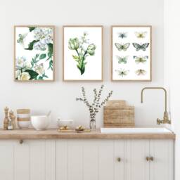 Flower, Butterfly, Green Wall Art, Botanical Prints, Set Of 3 Art , Boho Leaf Prints - thumbnail 1