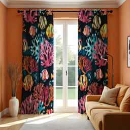 Dark Ocean Coral Curtains, Vibrant Reef Print Drapes in Pink Teal & Yellow Tones, Custom Made Window Panels For Coastal Or Kids Room Decor