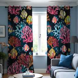 Dark Ocean Coral Curtains, Vibrant Reef Print Drapes in Pink Teal & Yellow Tones, Custom Made Window Panels For Coastal Or Kids Room Decor - thumbnail 3