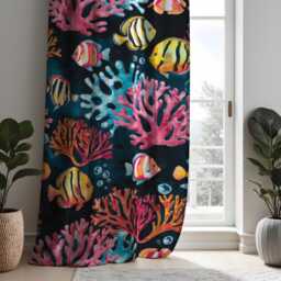 Dark Ocean Coral Curtains, Vibrant Reef Print Drapes in Pink Teal & Yellow Tones, Custom Made Window Panels For Coastal Or Kids Room Decor - thumbnail 2