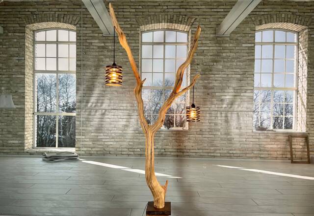 Arc Floor Lamp Made Of A Distinctive Oak Branch On Black Natural Stone - image 1