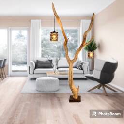 Arc Floor Lamp Made Of A Distinctive Oak Branch On Black Natural Stone - thumbnail 3