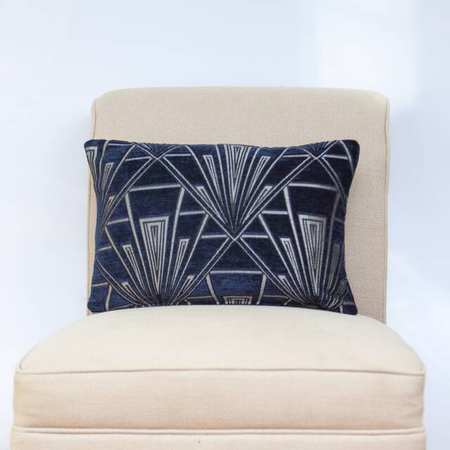 Art Deco Boudoir Cushion. Double Sided Luxury Velvet Chenille. Navy Blue & Silver. Geometric Bold Design. 20S/30S Style. 17x12 - image 1