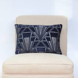 Art Deco Boudoir Cushion. Double Sided Luxury Velvet Chenille. Navy Blue & Silver. Geometric Bold Design. 20S/30S Style. 17x12 - thumbnail 1