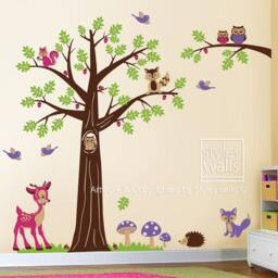Woodland Tree Animals Wall Decal Forest Nursery Bambi Deer Owls Squirrels Raccoon Baby Kids Room Art Decor - thumbnail 2