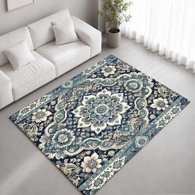 Navy Ivory Framed Floral Medallion Rug Non-Slip Soft Area Carpet Bedroom Living Room Hallway Mat Decor - Made in UK - image 1