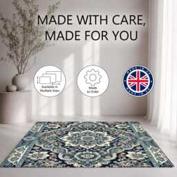 Navy Ivory Framed Floral Medallion Rug Non-Slip Soft Area Carpet Bedroom Living Room Hallway Mat Decor - Made in UK - thumbnail 2