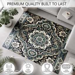 Navy Ivory Framed Floral Medallion Rug Non-Slip Soft Area Carpet Bedroom Living Room Hallway Mat Decor - Made in UK - thumbnail 3