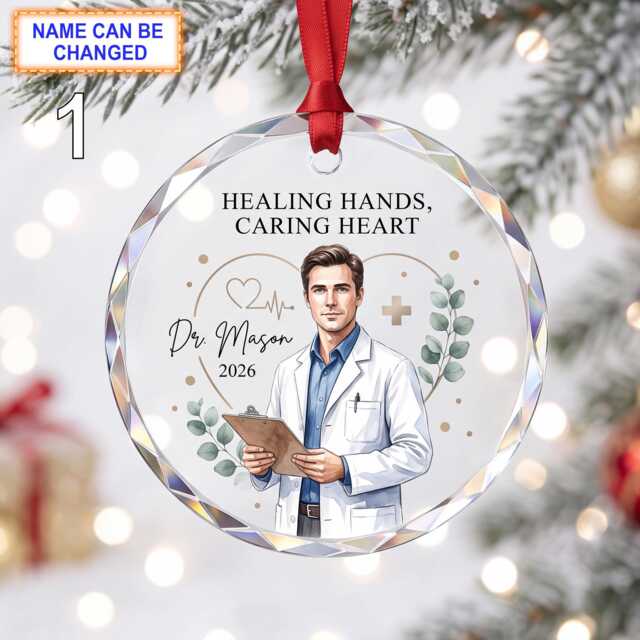 Healing Hands, Caring Heart Doctor Christmas Glass Ornament, Custom Medical Keepsake With White Coat, Stethoscope, Cross And - image 1