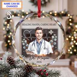 Healing Hands, Caring Heart Doctor Christmas Glass Ornament, Custom Medical Keepsake With White Coat, Stethoscope, Cross And - thumbnail 3