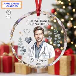 Healing Hands, Caring Heart Doctor Christmas Glass Ornament, Custom Medical Keepsake With White Coat, Stethoscope, Cross And - thumbnail 2