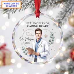 Healing Hands, Caring Heart Doctor Christmas Glass Ornament, Custom Medical Keepsake With White Coat, Stethoscope, Cross And - thumbnail 1