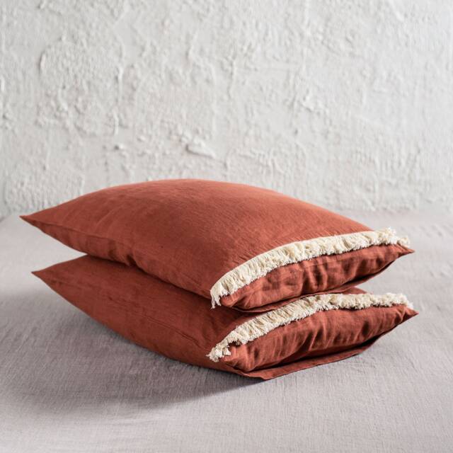 Linen Pillowcases With Fringe, Natural Pillowcase Set Of 2, Standard, King, Queen, Burnt Orange Bedding - image 1