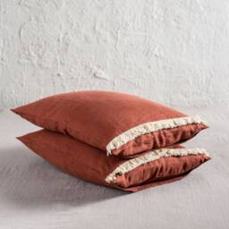 Linen Pillowcases With Fringe, Natural Pillowcase Set Of 2, Standard, King, Queen, Burnt Orange Bedding