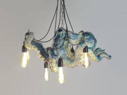 Octopus Lamp, Nautical Blue & Gold Chandelier, Steampunk Lighting With 6 Bulbs, Unique Animal Sculpture, Home Decor Gift - thumbnail 1