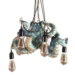 Octopus Lamp, Nautical Blue & Gold Chandelier, Steampunk Lighting With 6 Bulbs, Unique Animal Sculpture, Home Decor Gift - thumbnail 2