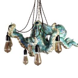 Octopus Lamp, Nautical Blue & Gold Chandelier, Steampunk Lighting With 6 Bulbs, Unique Animal Sculpture, Home Decor Gift - thumbnail 3