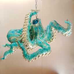 Octopus Lamp, Nautical Blue & Gold Chandelier, Steampunk Lighting With 6 Bulbs, Unique Animal Sculpture, Home Decor Gift - thumbnail 4