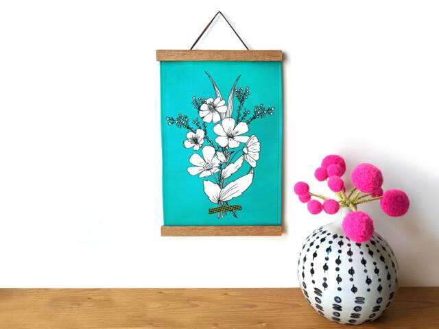 Handmade Teal Floral Fabric Wall Hanging With Magnetic Wood Hangers - image 1