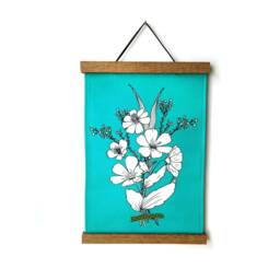 Handmade Teal Floral Fabric Wall Hanging With Magnetic Wood Hangers - thumbnail 2